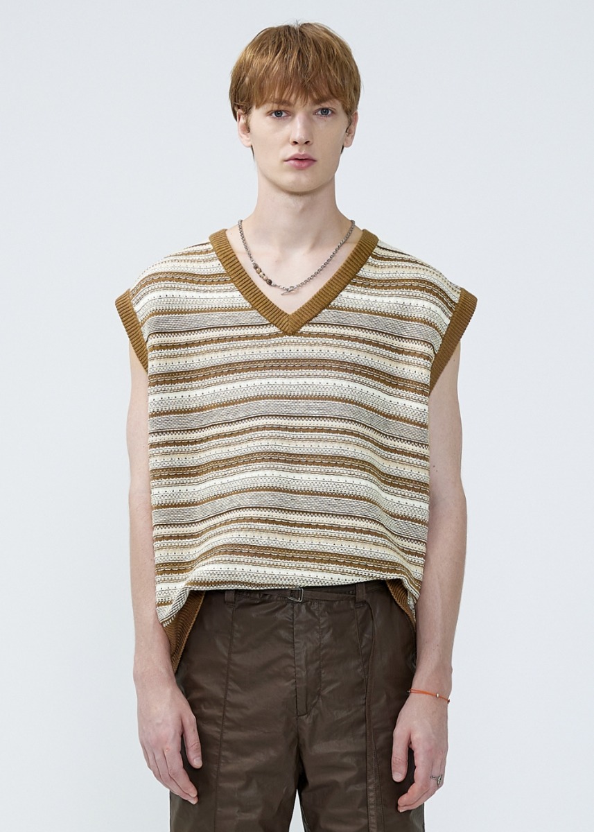 Mixed Weaving Knit Vest - BEIGE